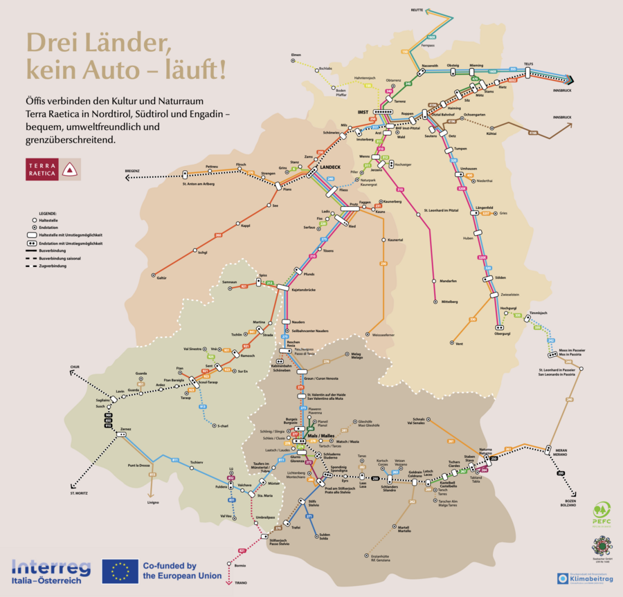 Eine detaillierte Karte zeigt die &ouml;ffentlichen Verkehrsanbindungen in Nordtirol, S&uuml;dtirol und Engadin, umweltfreundlich und grenz&uuml;berschreitend.