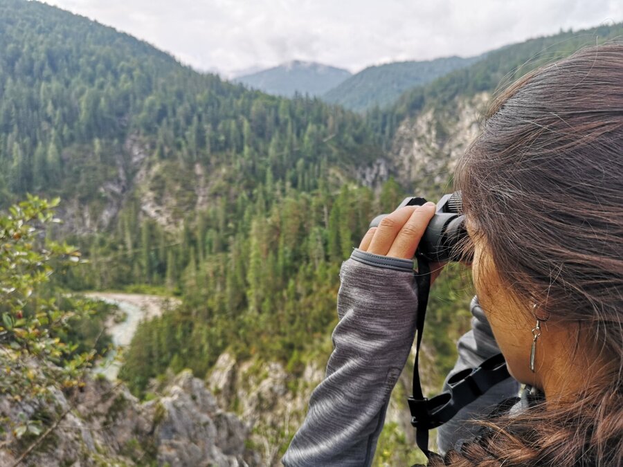 Eine Person mit langen Haaren beobachtet die Landschaft durch ein Fernglas, umgeben von gr&uuml;nen Bergen und B&auml;umen.