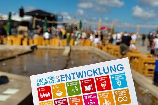 A hand holds a colorful poster displaying the 17 Sustainable Development Goals against a vibrant outdoor setting.