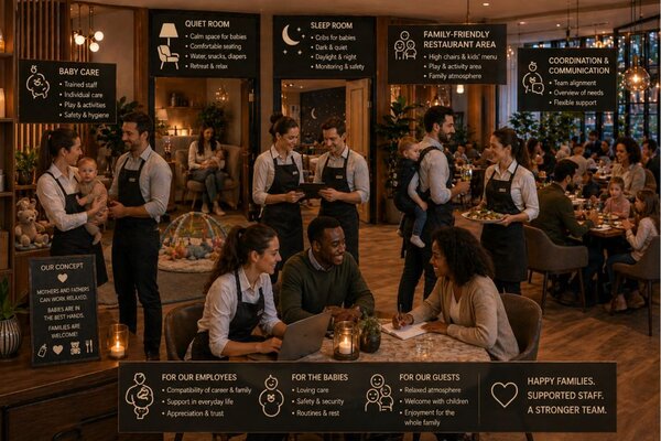 A vibrant family-friendly restaurant scene with staff engaging with parents and children, showcasing a welcoming atmosphere.