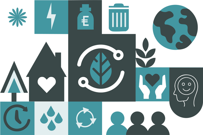 Vielf&auml;ltige Icons zeigen Themen wie Recycling, Natur, Energie und soziale Verantwortung in einem modernen, grafischen Stil.