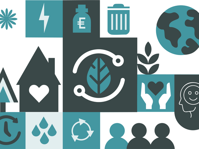 Vielfältige Icons zeigen Themen wie Recycling, Natur, Energie und soziale Verantwortung in einem modernen, grafischen Stil.
