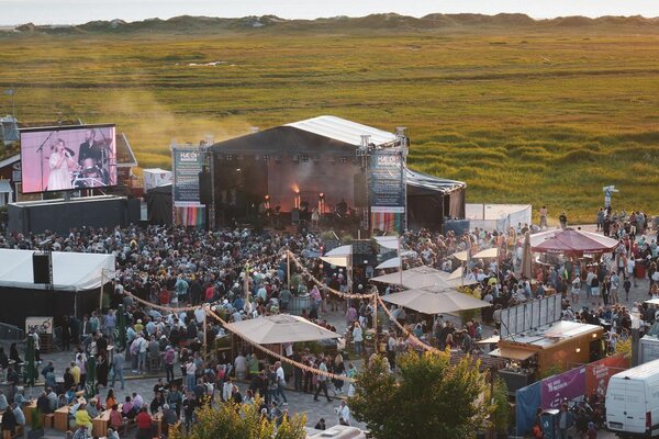 A vibrant outdoor festival scene with a large crowd enjoying live music on stage, surrounded by food stalls and greenery.
