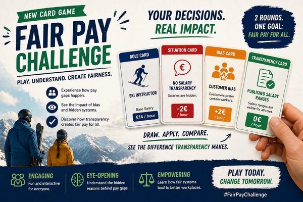 A promotional image for the Fair Pay Challenge card game, highlighting fairness in salary transparency and bias awareness.