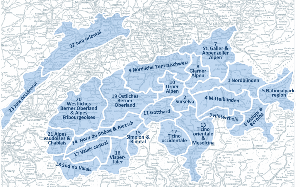 Visuelle Darstellung der Klimaregionen in der Schweiz, mit klaren Grenzen und Bezeichnungen für jede Region in hellblau.